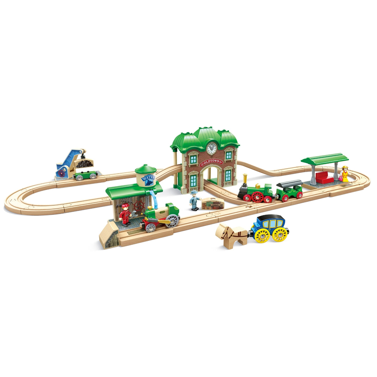 Trenuleț din lemn cu gară retro – Retro Train & Station, 40 de piese, 3+ ani | Hape