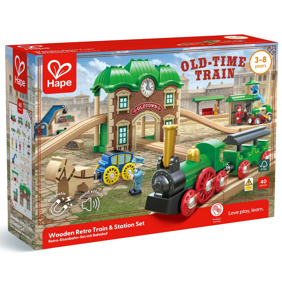 Trenuleț din lemn cu gară retro – Retro Train & Station, 40 de piese, 3+ ani | Hape