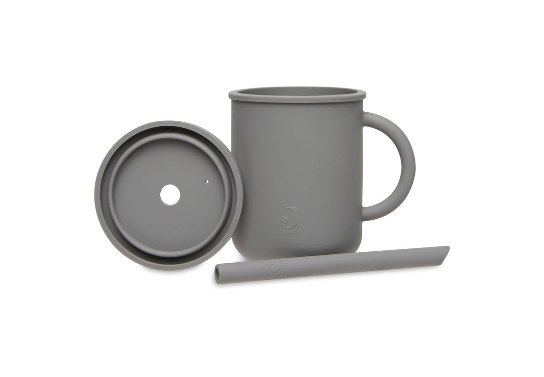 Set de veselă - Cană cu pai din silicon pentru copii - Gri Storm | Jollein - 2