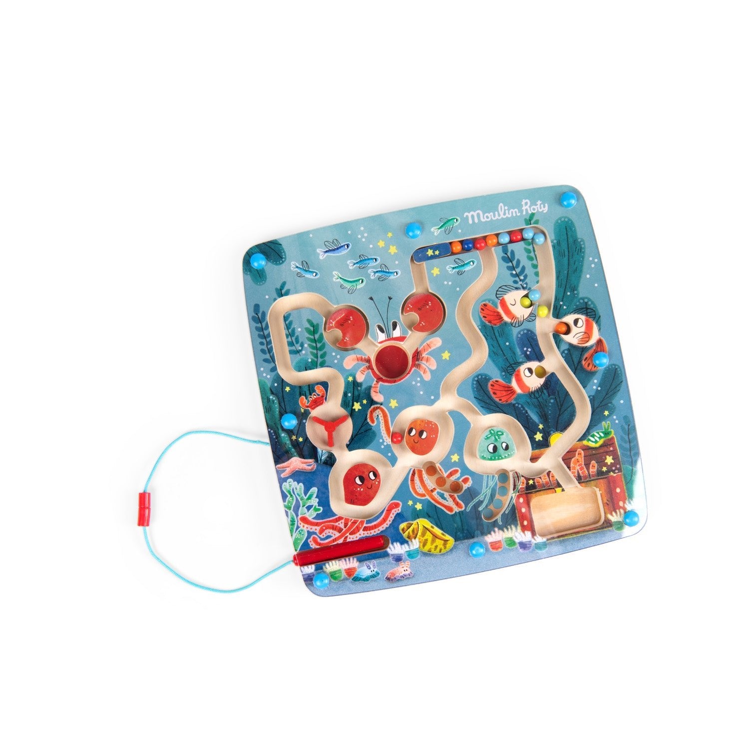 Joc de îndemânare pentru copii - Labirint magnetic din lemn cu bile colorate "Les Aventures de Paulie" - Moulin Roty