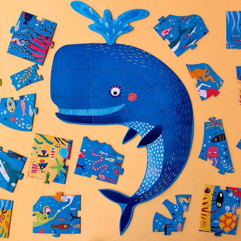 Puzzle 2 în 1 pentru copii "Balena albastră în ocean" | Londji - Londji - EmmaSiLuna.ro