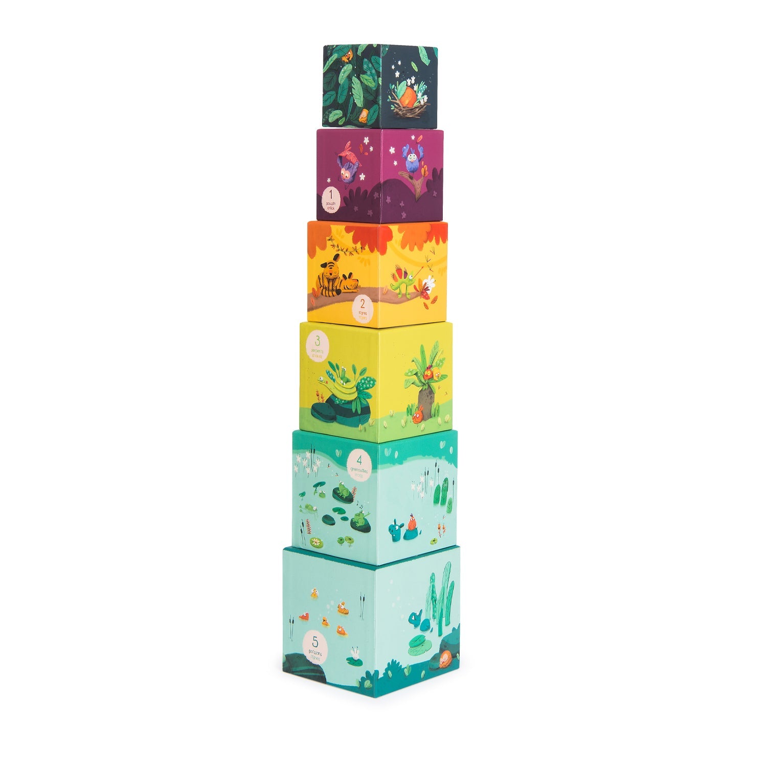 Turn de construit - Cutii stivuibile din carton cu figurine din lemn "Dans la jungle" EmmaSiLuna.ro