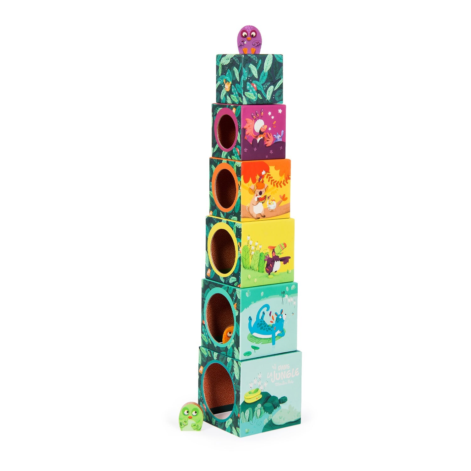 Turn de construit - Cutii stivuibile din carton cu figurine din lemn "Dans la jungle" - Moulin Roty - EmmaSiLuna.ro 2