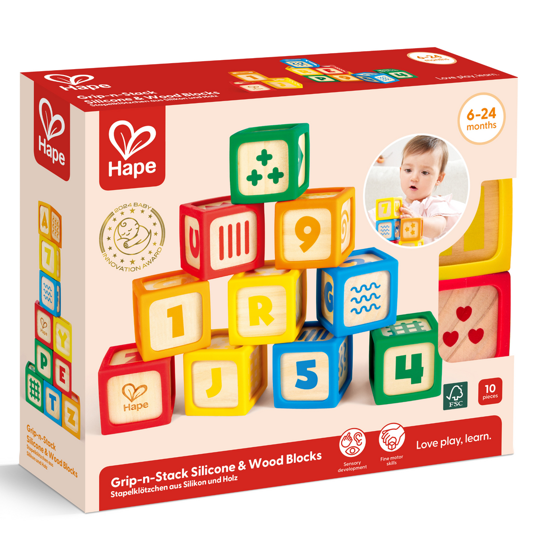 Cuburi din lemn cu silicon – Grip-n-Stack, 6+ luni | Hape