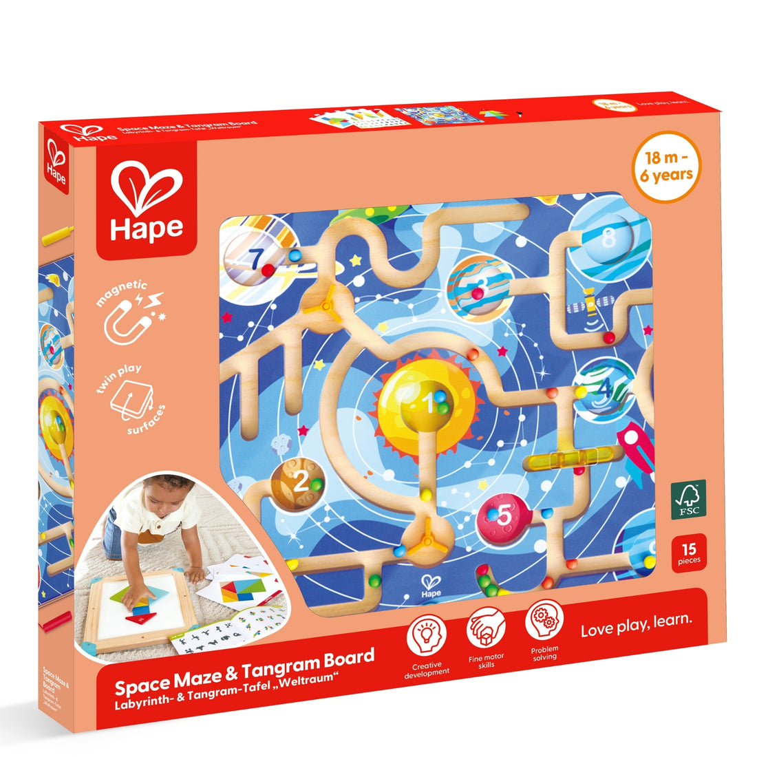 Joc educativ 3 în 1 – Labirint magnetic, puzzle tangram și tablă de desen, 18+ luni | Hape