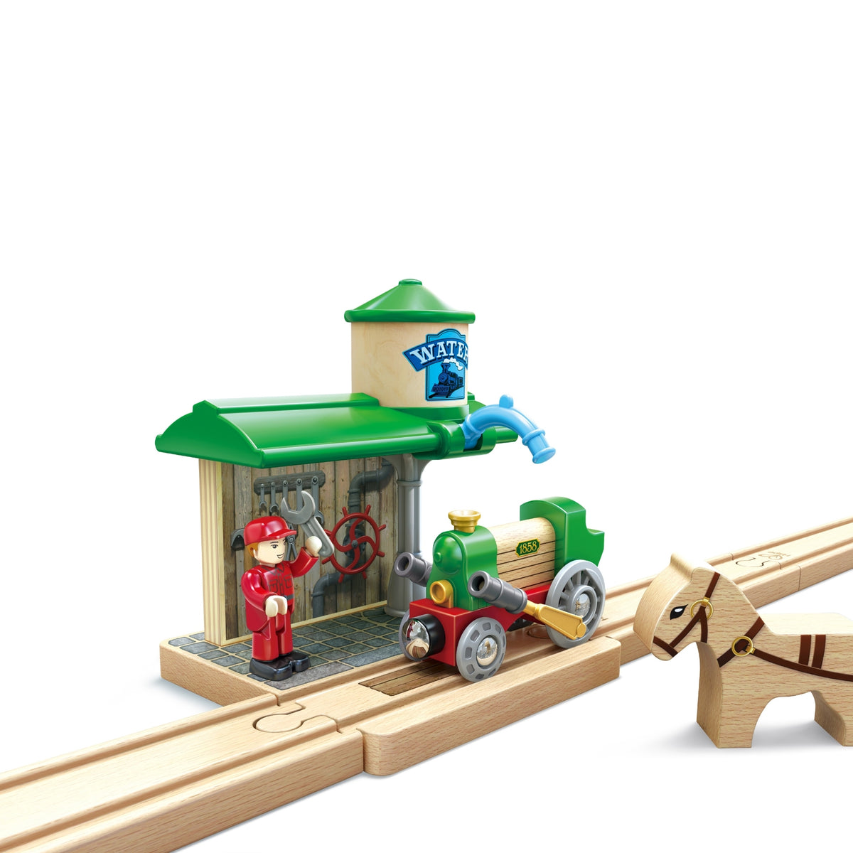 Trenuleț din lemn cu gară retro – Retro Train &amp; Station, 40 de piese, 3+ ani | Hape