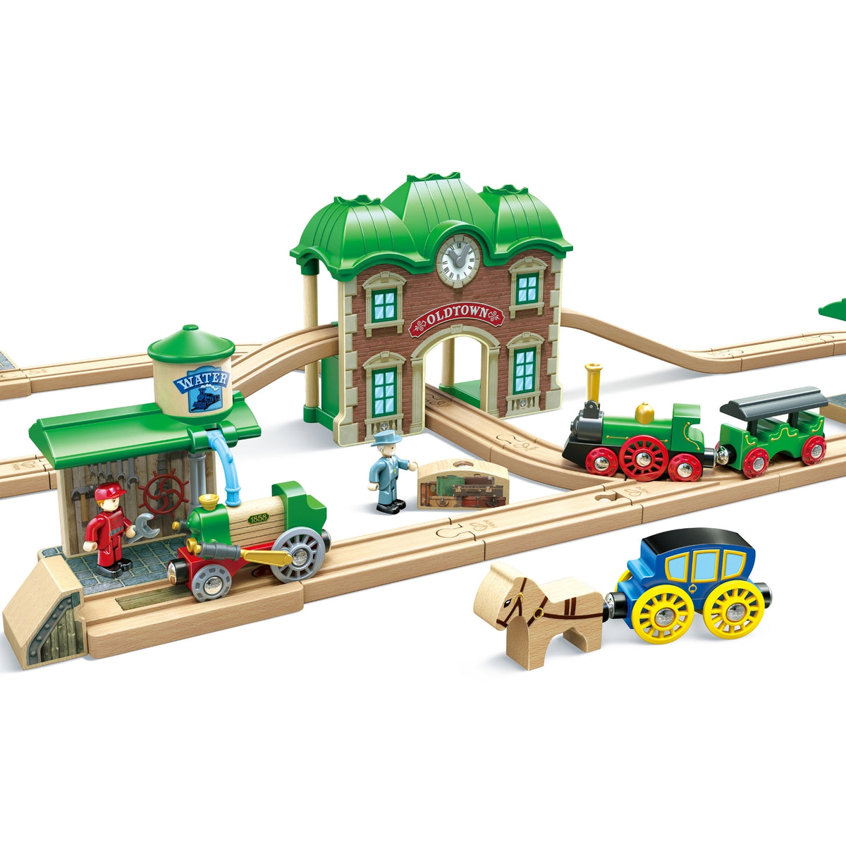 Trenuleț din lemn cu gară retro – Retro Train &amp; Station, 40 de piese, 3+ ani | Hape