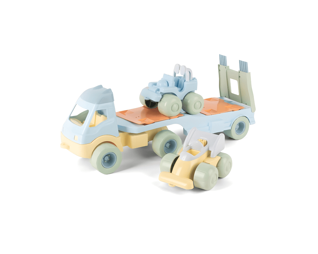 Vehicule de jucărie - Camion cu platformă și 2 mașini mici din materiale reciclate &quot;Pastels&quot;, 2+ ani | Dantoy - 1