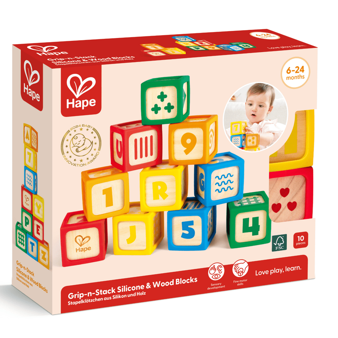 Hape - Cuburi din lemn cu silicon – Grip-n-Stack, 6+ luni | Hape-2