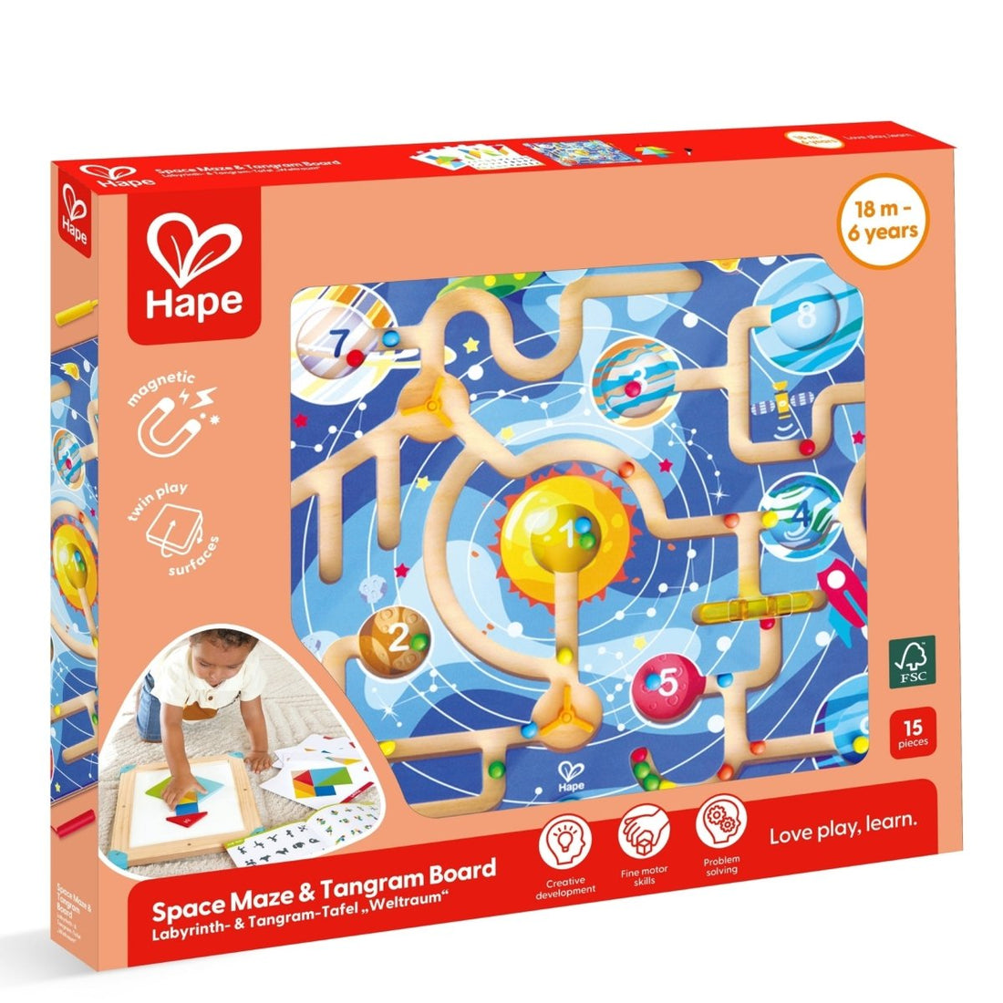 Hape - Joc educativ 3 în 1 – Labirint magnetic, puzzle tangram și tablă de desen, 18+ luni | Hape-1