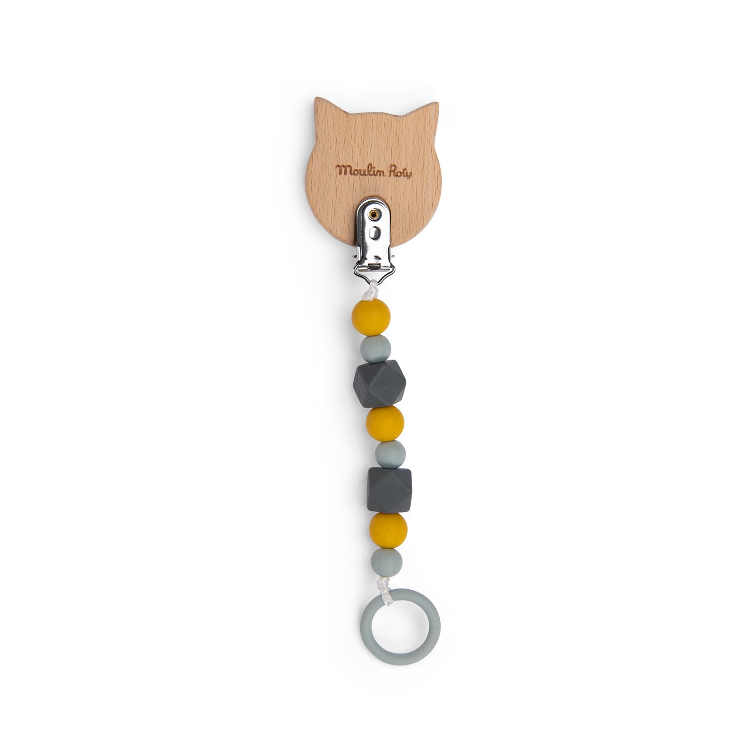 Jucării dentiţie - Lanţ pentru suzetă, din lemn și silicon - Pisică, 0+ ani | Moulin Roty - 3
