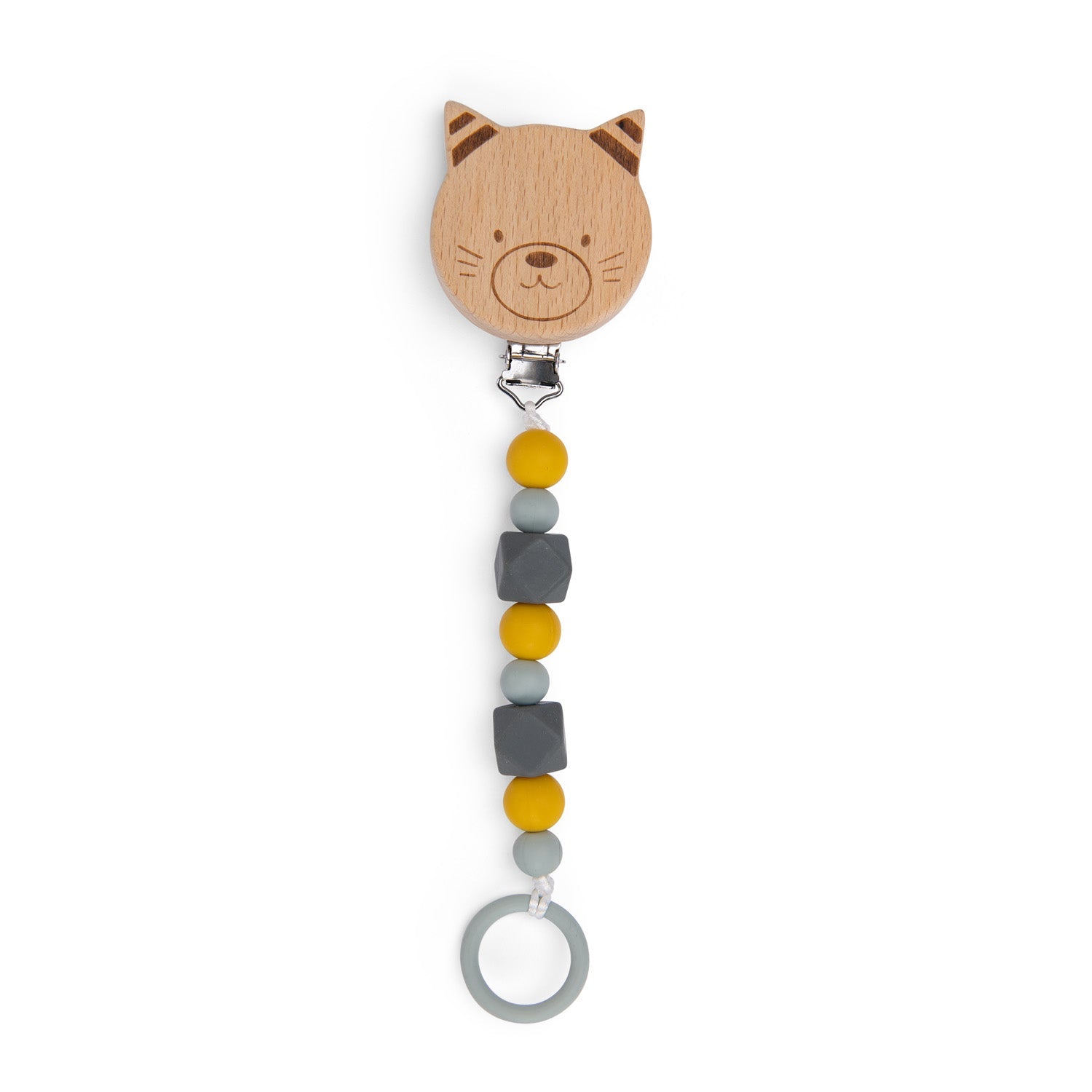 Jucării dentiţie - Lanţ pentru suzetă, din lemn și silicon - Pisică, 0+ ani | Moulin Roty - 1