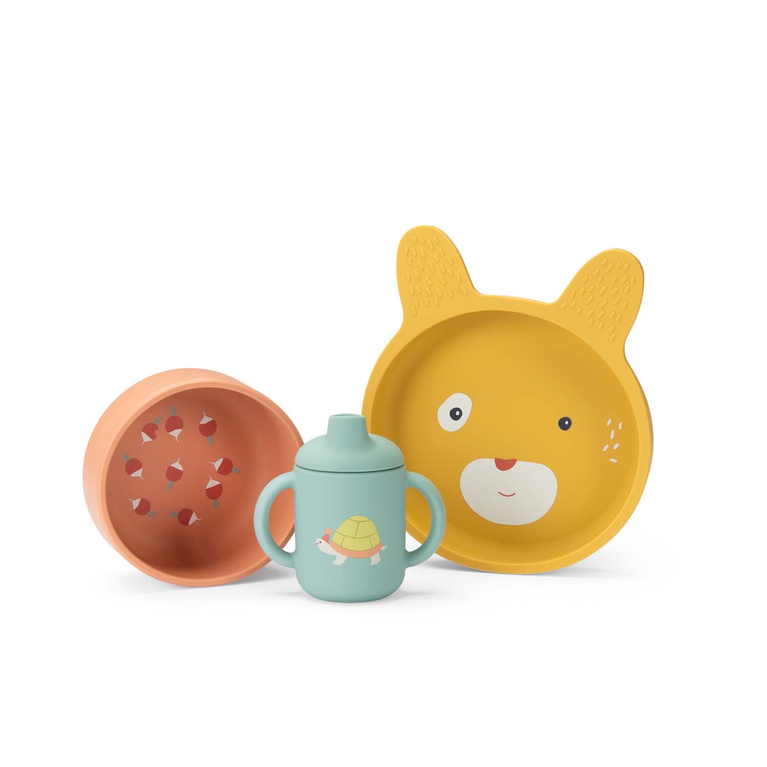 Set de veselă - Set de veselă din silicon pentru copii, Trois petit lapins | Moulin Roty - 1